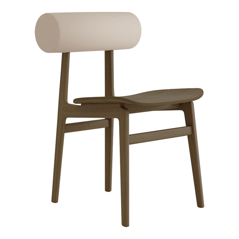 Beige and brown modern chair with a round back, featuring a minimalist design and smooth finish. Ideal for contemporary spaces.