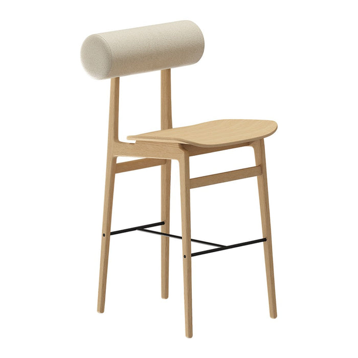 Minimalist wooden bar chair with a light wood finish and a soft cream round backrest. Sleek black metal support.