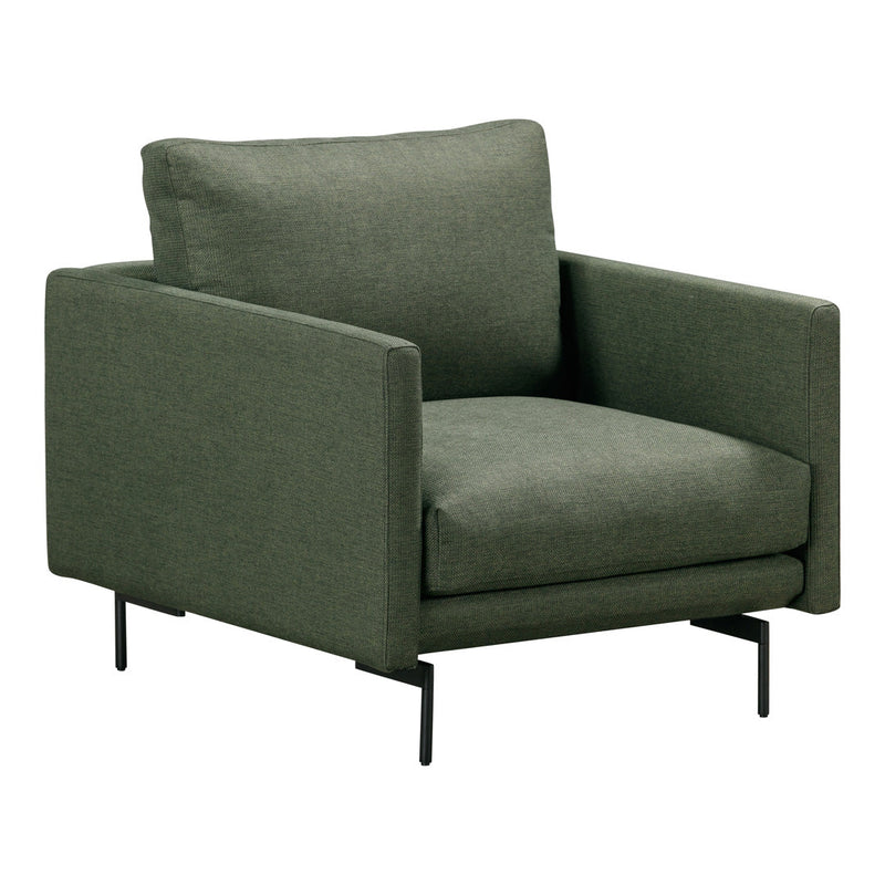 Olive green upholstered armchair with a minimalist design and solid black metal legs. Modern and stylish accent piece.