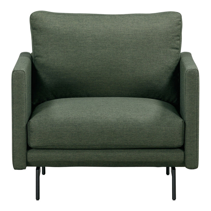 Green upholstered armchair with a textured fabric and minimalist design, featuring black metal legs.