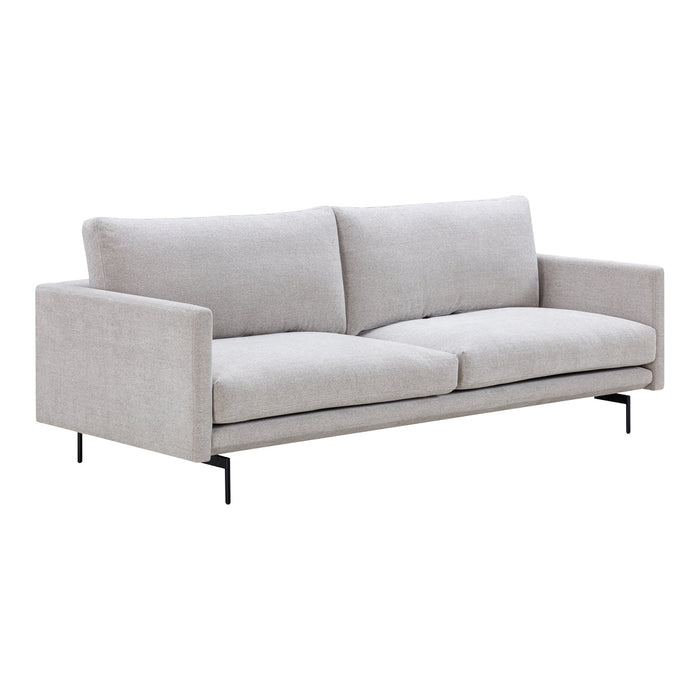 Light gray fabric sofa with a minimalist design and solid black legs, showcasing a sleek, modern aesthetic.