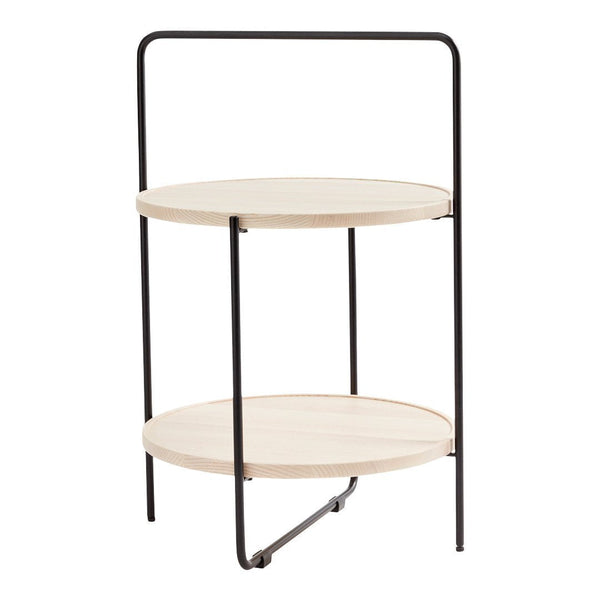 Two-tiered round side table with a natural wood finish and black metal frame, featuring a sleek minimalistic design.