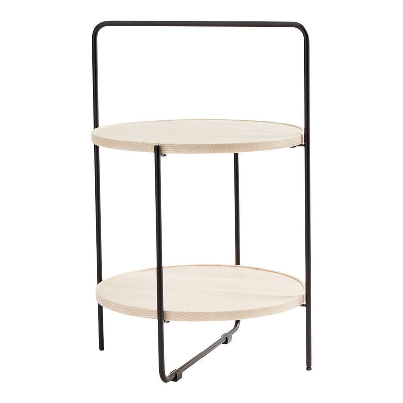 Two-tiered round side table with a natural wood finish and black metal frame, featuring a sleek minimalistic design.