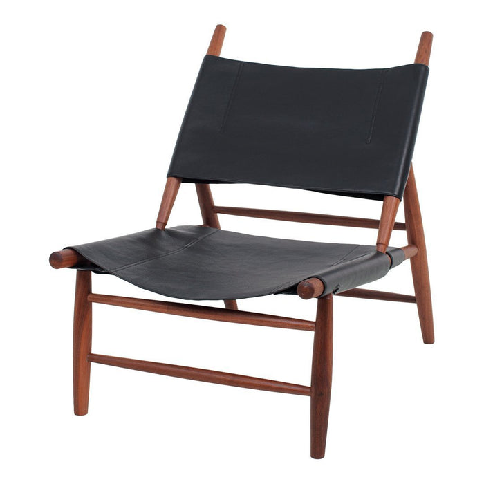 Mid-century modern chair featuring a sleek black leather seat and rich wooden frame. Elegant, minimalist design.