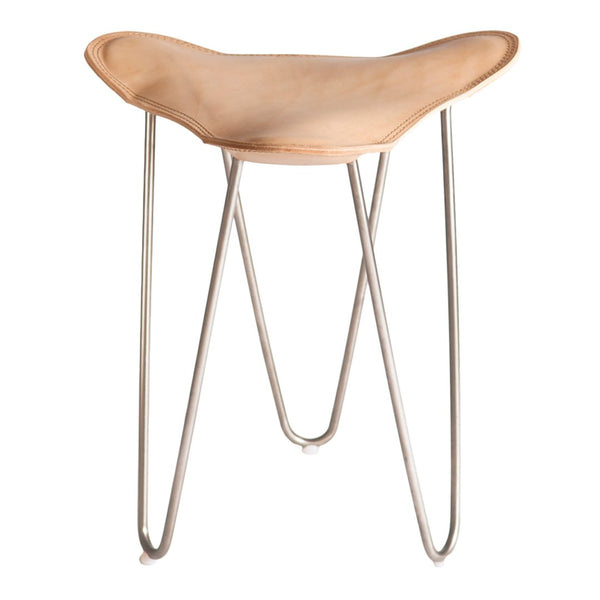 Natural tan leather stool with sleek silver wire legs, showcasing a smooth, minimalist design. Ideal for modern decor.