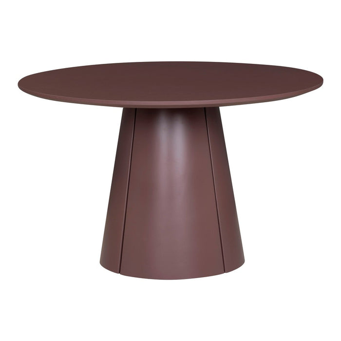 Brown round dining table with a sleek, modern design and a smooth matte finish. Ideal for contemporary decor.