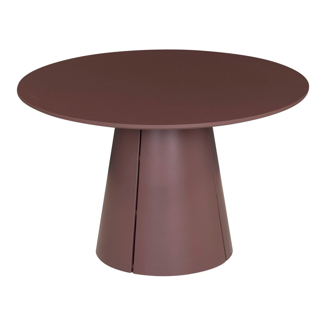 Round maroon table with a smooth surface and a tapered base, ideal for modern decor.