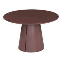 Round maroon table with a smooth surface and a tapered base, ideal for modern decor.