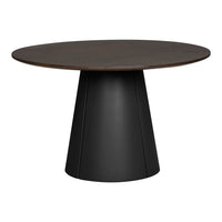 Round table with a dark wood top and a sleek black base, featuring a modern, minimalist design.
