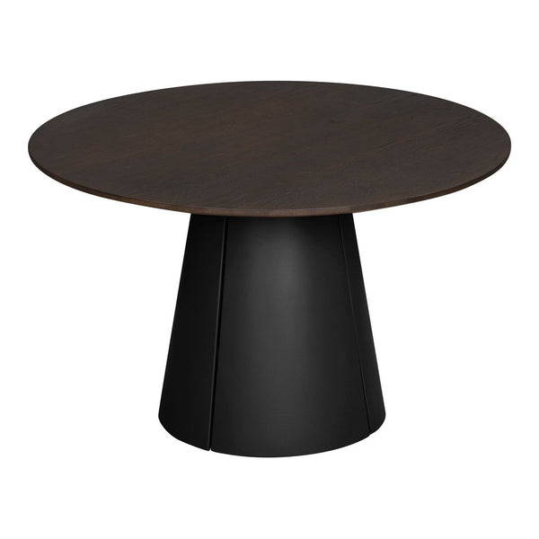 Round black table with a smooth, dark wood top and a sleek, cone-shaped black base. Modern and minimalist design.