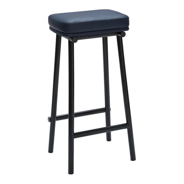 Navy blue padded bar stool with a sleek black metal frame, featuring a minimalist design and contemporary style.