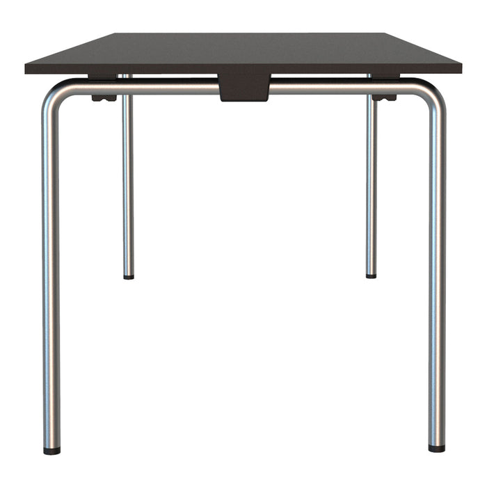 Minimalist black tabletop with silver metal legs, showcasing a sleek and modern design. Perfect for contemporary spaces.