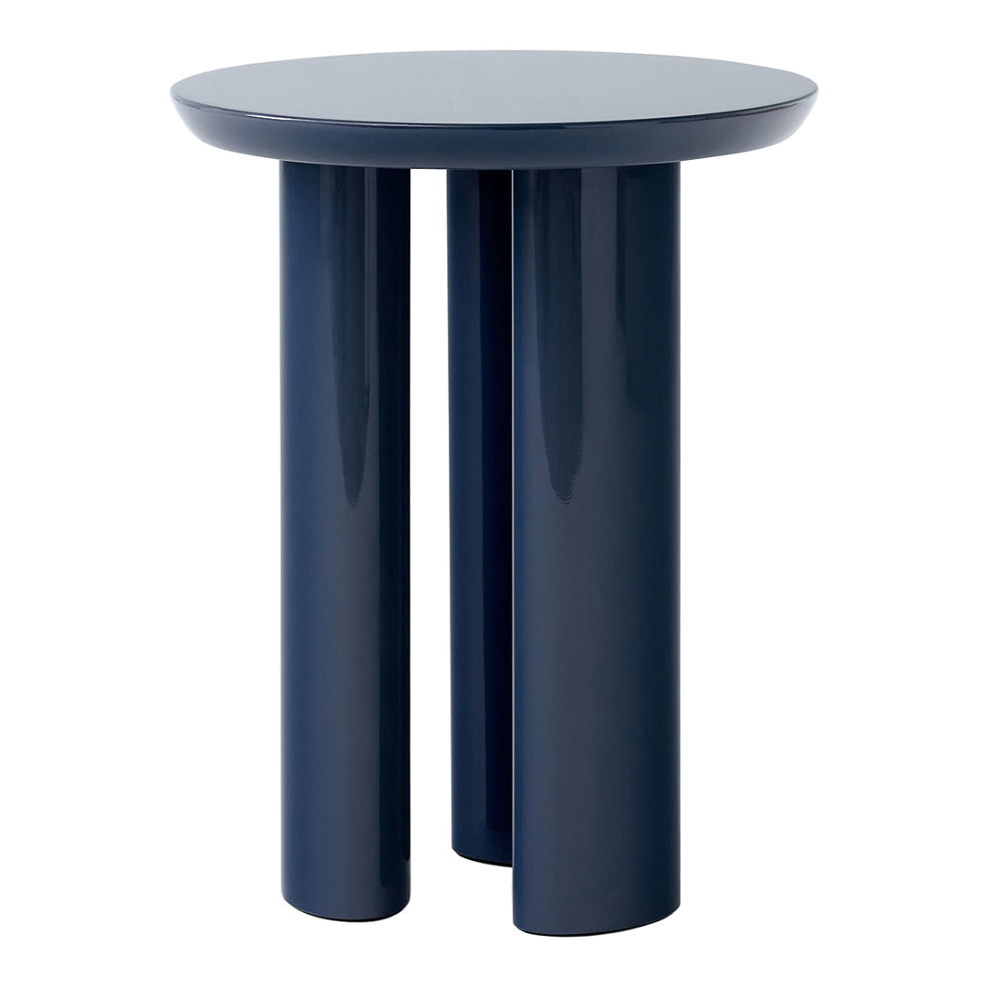 Navy blue round side table with glossy finish and cylindrical legs for a modern, minimalist look.