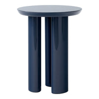 Navy blue round side table with glossy finish and cylindrical legs for a modern, minimalist look.