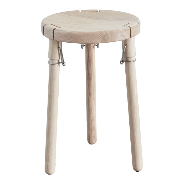 Light natural wood stool with a smooth round top and simple, unadorned legs. Minimalist design, no patterns.