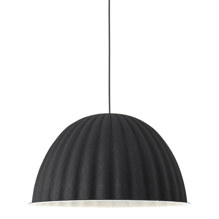 Black ribbed dome pendant lamp with a matte finish and contrasting white interior, perfect for modern interiors.