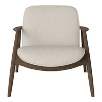 Beige fabric upholstery with a smooth texture, complemented by sleek dark wood legs. Elegant and minimalist design.
