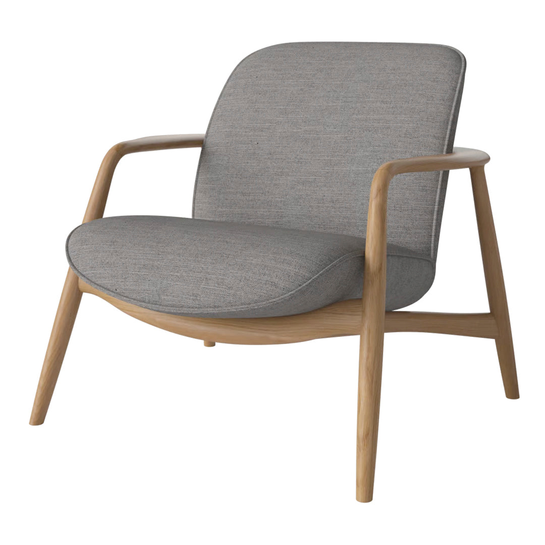 Gray upholstered chair with a smooth texture and natural wood legs, featuring a minimalist and modern design.