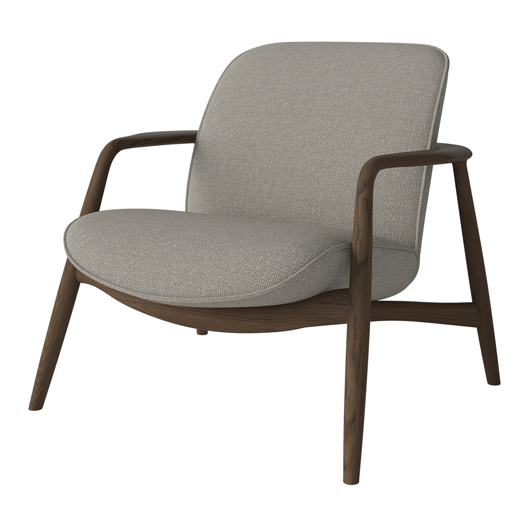 Light gray upholstered chair with a smooth texture and walnut wood frame, showcasing a modern, minimalist design.