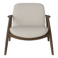 Light beige upholstered armchair with smooth contours and warm wooden legs, perfect for modern living spaces.