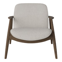 Light gray upholstered chair with a smooth texture and wooden legs in a warm brown finish. Minimalist design.