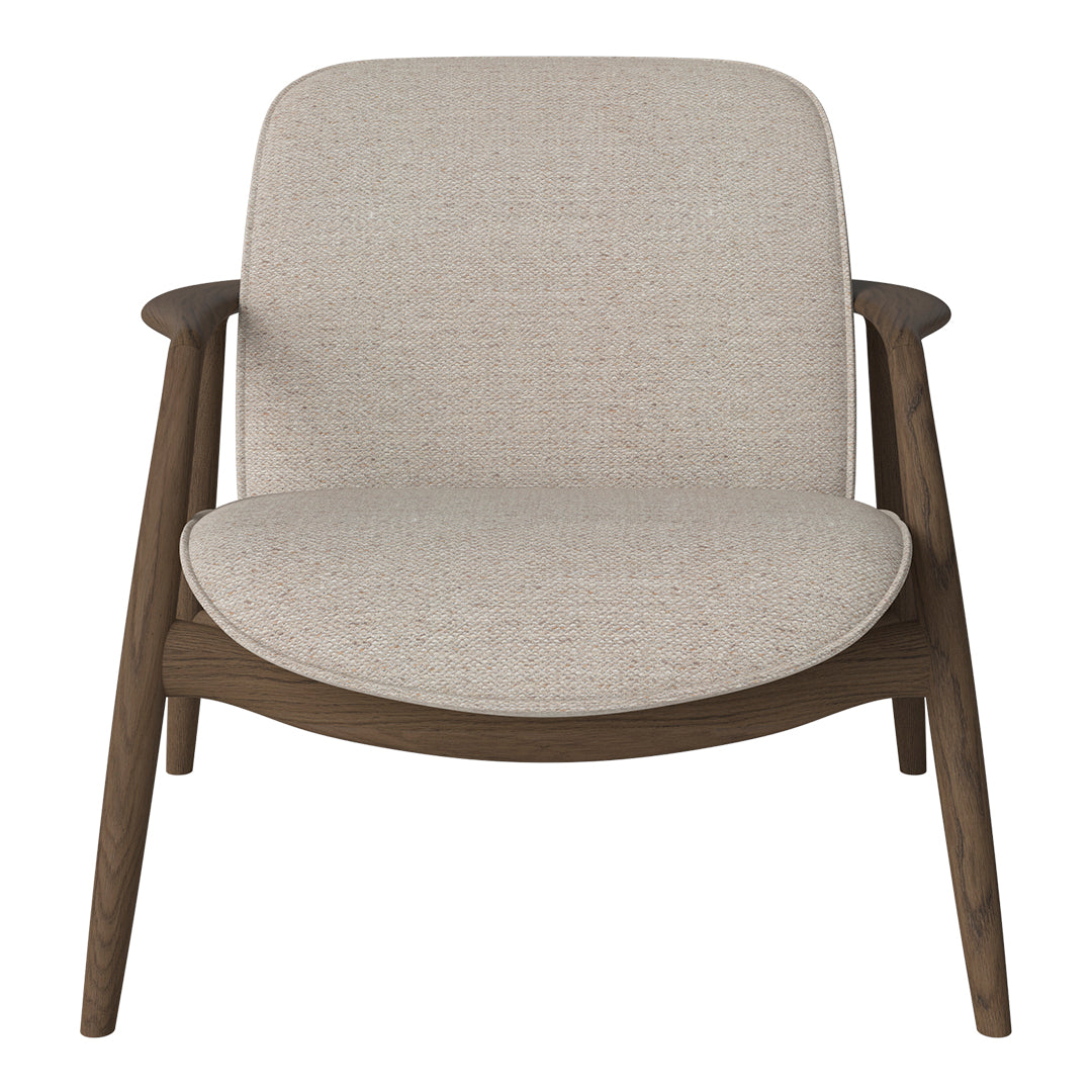Light beige fabric armchair with a textured pattern and walnut wood legs, perfect for modern interiors.