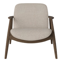 Light beige fabric armchair with a textured pattern and walnut wood legs, perfect for modern interiors.