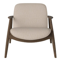 Beige upholstered chair with a smooth texture, featuring wooden legs in a dark finish. Modern and minimalist design.
