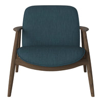 Mid-century modern chair in deep teal upholstery with a textured pattern and walnut wood frame. Perfect for stylish interiors.