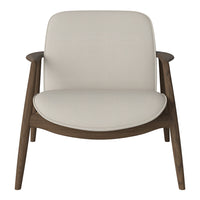 Beige upholstered chair with a smooth, minimalist design and warm brown wooden legs. Perfect for modern decor.