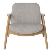 Stylish light gray upholstered chair with natural wood legs, featuring a minimalist design and subtle texture.