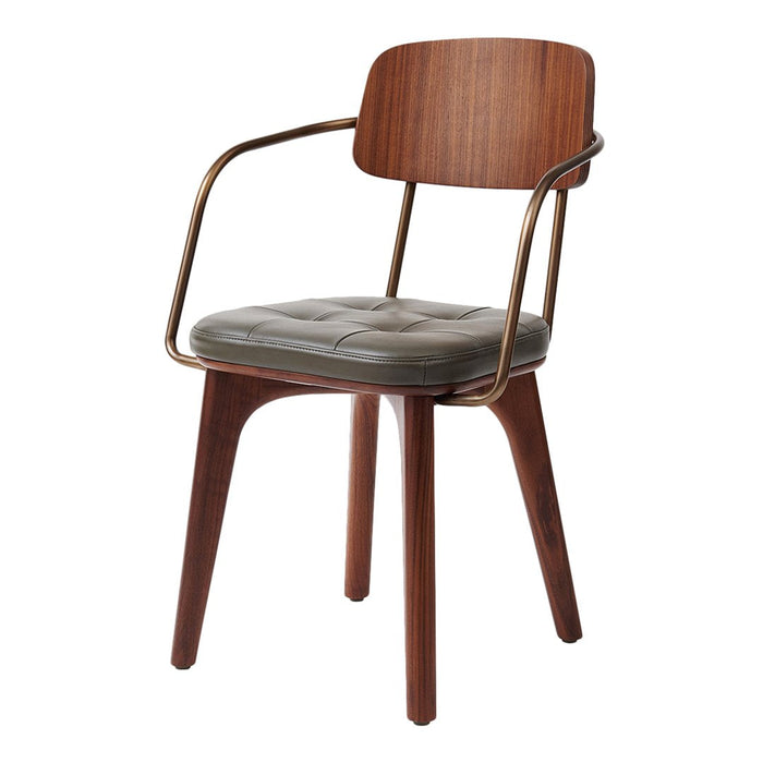 Wooden chair with walnut finish, gray tufted seat, and sleek bronze metal arms for a modern touch.