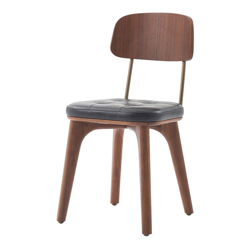 "Mid-century modern chair with a walnut finish and black leather seat, featuring a smooth, minimalist design."
