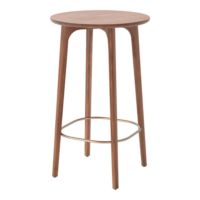 Natural wood bar stool with a smooth round top and sleek legs, featuring a warm walnut finish. Modern minimalist design.