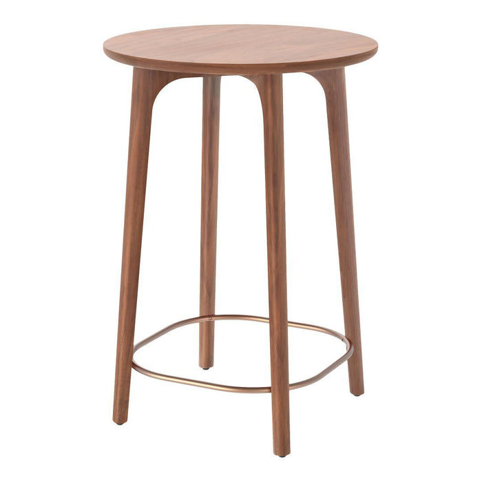 Round wood stool with a rich walnut finish and smooth surface, featuring minimalist design and slim legs.