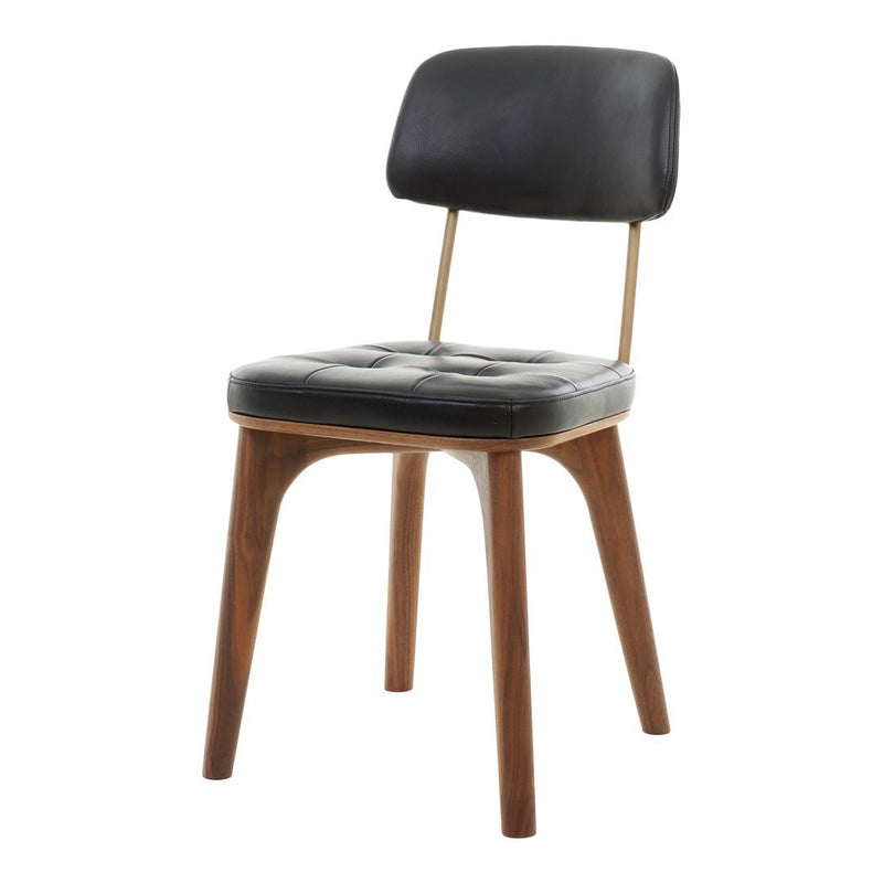 Black upholstered chair with a tufted seat and walnut wood legs, featuring a sleek, modern design.