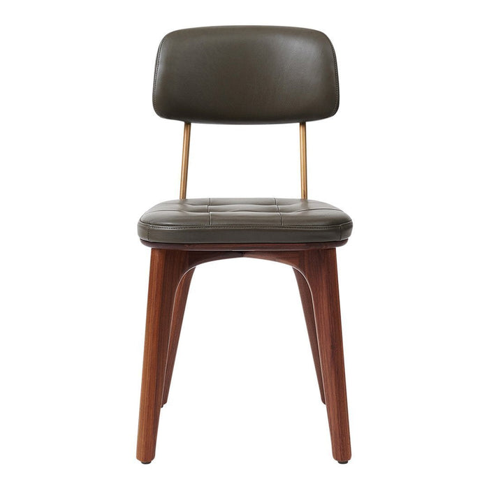 Stylish dark green leather chair with a sleek wooden base and gold accents, perfect for modern decor.