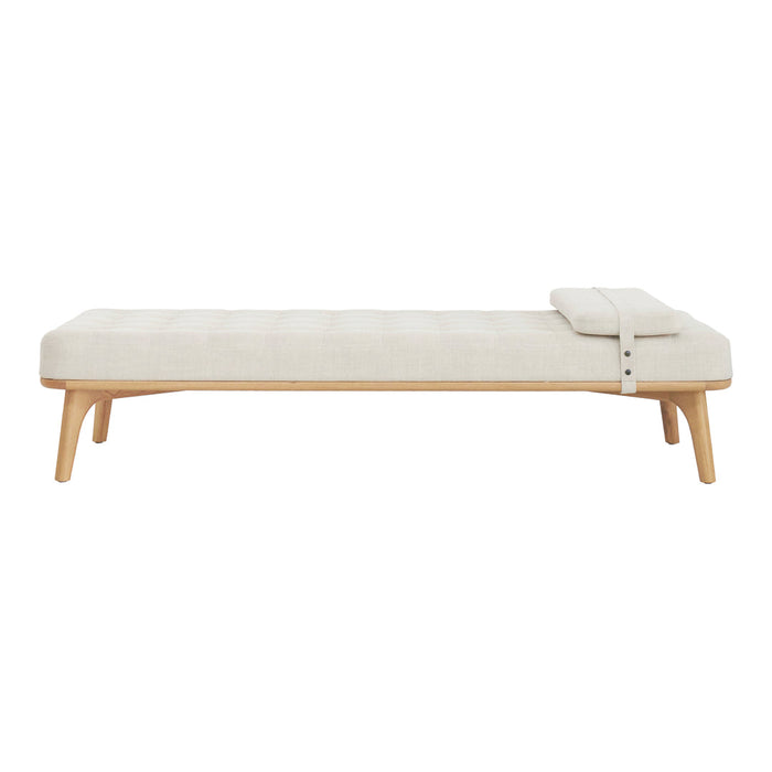 Light beige tufted daybed with natural wood legs, featuring a minimalist design and a soft, neutral color palette.