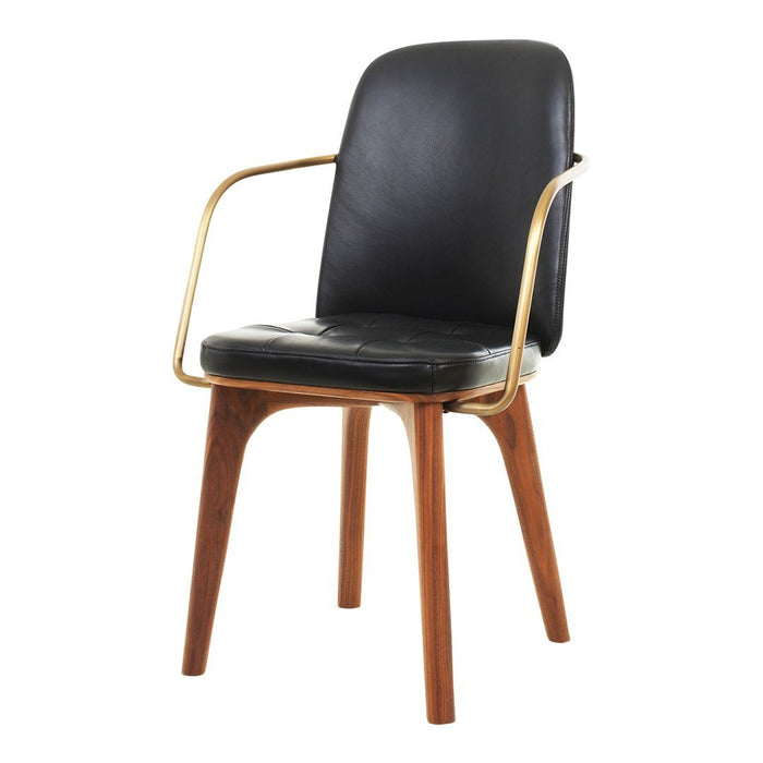 Black leather chair with gold accents and wooden legs, featuring a sleek, modern design.