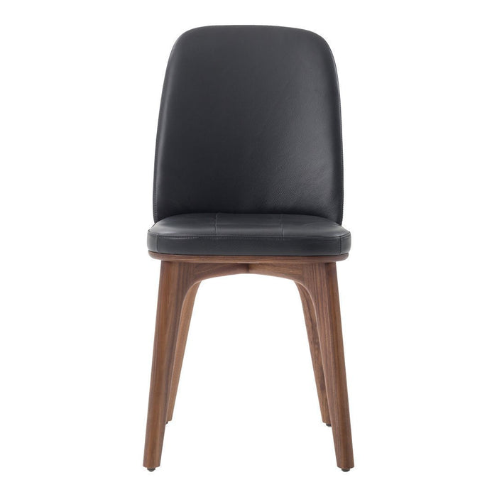 Black upholstered dining chair with a smooth, sleek design and light brown wooden legs.