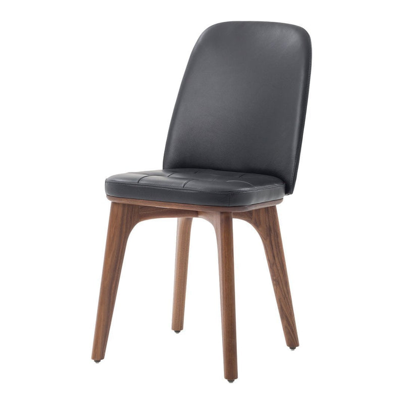 Modern black leather chair with smooth upholstery and natural wood legs, perfect for a sleek contemporary look.