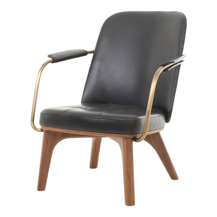 Black leather accent chair with sleek gold arms and a warm walnut wood base in a modern, minimalist design.