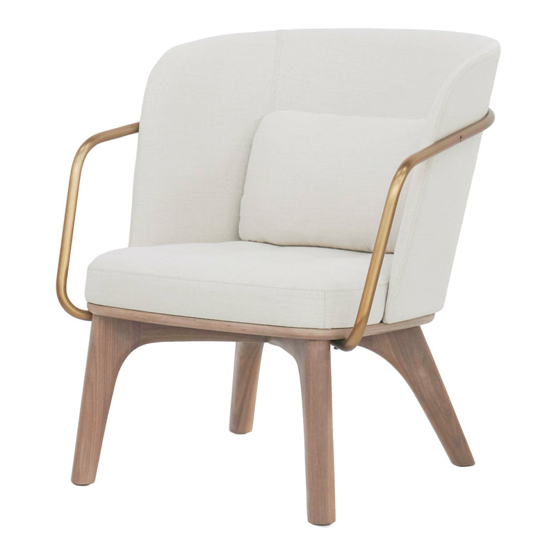 White modern chair with curved gold arms and light wood legs, featuring a minimalistic design. Perfect for contemporary decor.