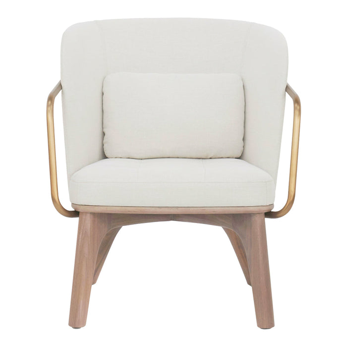 Modern white armchair with gold accents and a minimalist design, featuring a soft cushion and light wooden legs.
