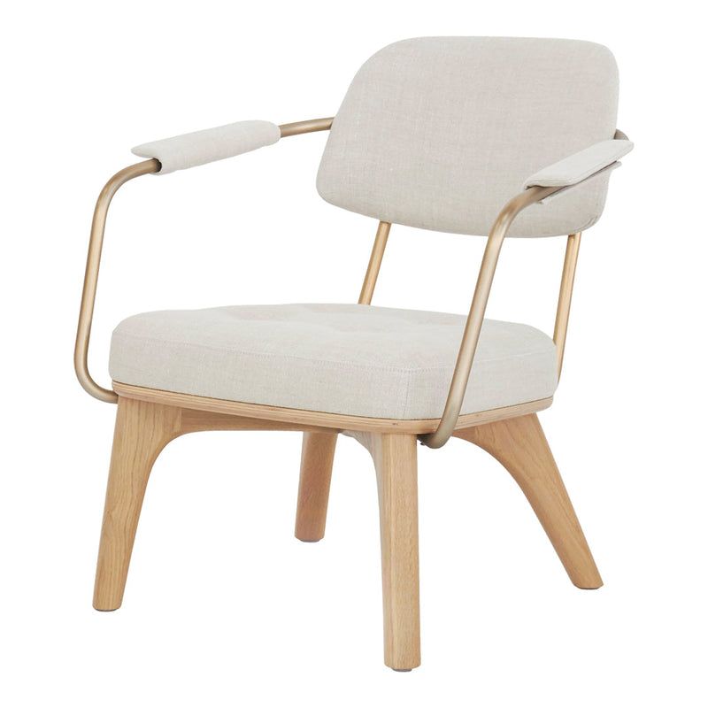Light beige chair with a smooth fabric seat and backrest, complemented by a natural wood base and sleek gold accents.