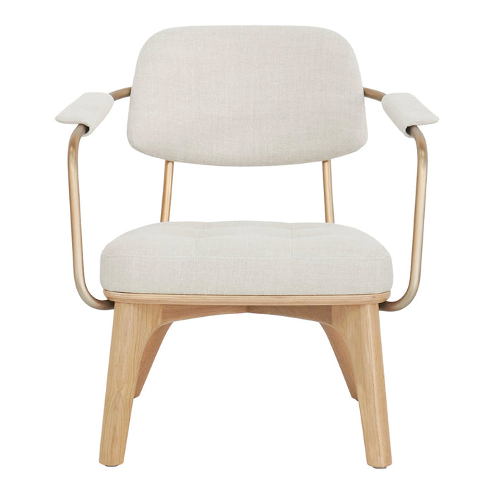 Beige fabric armchair with a smooth, minimalist design and light wood legs, featuring subtle patterns for a modern look.