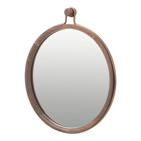 Oval wall mirror with a rustic brown frame, featuring a smooth, reflective surface. Simple and elegant design.