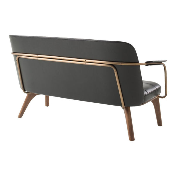 Sleek gray sofa with wooden legs and metallic accents, featuring a smooth, minimalist design.