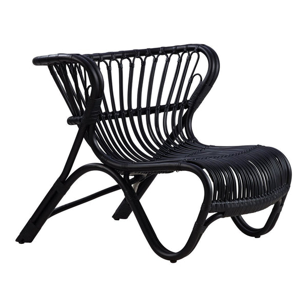 Black rattan chair featuring an intricate woven design and sleek modern silhouette. Perfect for contemporary decor.