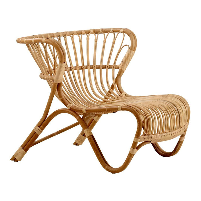 Natural rattan chair featuring a woven pattern with a light brown finish and organic curves for stylish decor.